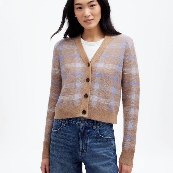 Madewell Sweaters - Madewell Alpaca Blend V-Neck Cardigan Plaid Warm Camel Brown Blue NT594 L